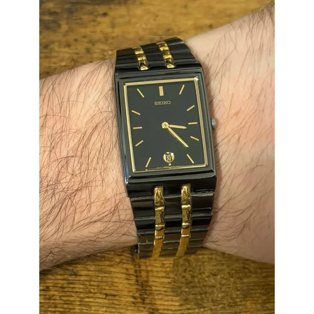 Seiko V330-4421 Black Gold Two-Tone Rectangular Quartz Watch